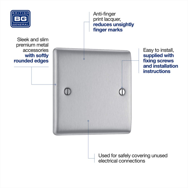 BG Electrical NBS94 Single Blank Plate, Brushed Steel