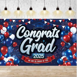 Blue Red Graduation Photo Banner Congrats Grad 2025 We Are So Proud of You Banner Graduation Party Decorations 2025 - Class of 2025 Backdrop for Graduation Party Supplies 2025-72x44 Inch