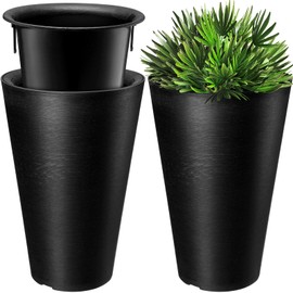 Set of 2 Tall Outdoor Planters 12 x 18 Inch Large Outdoor Planters Resin Outdoor Planters for Front Porch Flower Round Floor Planter Decorative Indoor Planter Pots with Drainage, Black