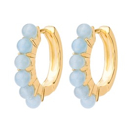 TaYolnFaSo Dainty Natural Stone Pearl Hoop Earrings 14k Real Gold Plated 18mm Copper Round Hoop Earring Aquamarine/Turquoise/Pearl Jewelry Gift or Women, 14k Gold-Plated, Aquamarine