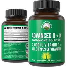 Peak Performance Advanced Vitamin D 2000 IU with All 3 Types of Vitamin K Vitamin D3 and Vitamin K2, K1, MK-7 (MK7), MK4 Supplements. 60 Small and Easy to Swallow Vegetable Pills (2000 IU)