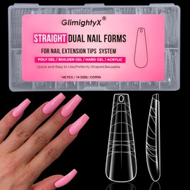 Flat Polygel Nail Forms Coffin,GlimightyX Straight Built-in Apex Dual Forms Molds Reusable,Pre-designed French Guildelines Polygel Tips for Nail Extension Salon Home DIY,14 sizes 140 Pcs