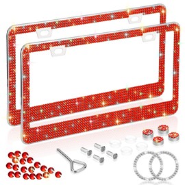 Car Bling License Plate Frame 2 Pack, Sparkly 2 Holes Acrylic Crystal Stainless Steel Universal License Plate Frame with Screw Caps Covers for US Auto Vehicles (Red)