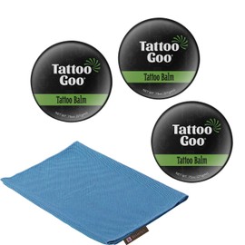 Tattoo Aftercare Salve Kit Bundled With Tattoo Goo 0.75 Ounce 3-pack With Original Formula Tattoo Balm For Lasting Ink Brilliance With Micro-fiber Fitness Towel By Beverly's (Blue)