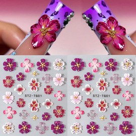 Flower Nail Art Stickers 5D Embossed Nail Stickers for Nail Art Floral Nail Decals DIY Cherry Blossom Nail Design Self Adhesive Finger Manicure Supplies Spring Nail Stickers for Women Girls 2Pcs