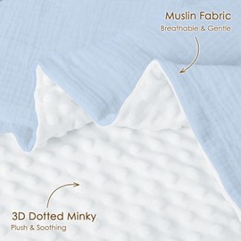 Baby Blankets for Boys, Soft Nursery Minky Blankets with Muslin and Dotted Fleece Back 30x40 inches, Receiving Bed Quilt for Newborn, Infants, Toddlers (Light Blue)