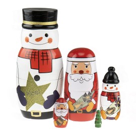 Clever Creations 5 Pcs Handmade Wooden Russian Matryoshka Nesting Dolls Set, Traditional Christmas Home Decoration, Snowman