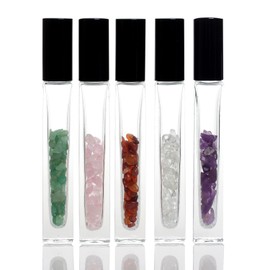 YWG Stone 10ml Gemstone Roller Square Bottles Refillable Roll On Bottles Healing Crystal Chips Inside For Perfumes Aromatherapy Oils 5pack…
