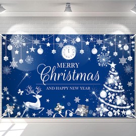 Avezano Merry Christmas Happy New Year Banner Christmas Blue Silver Banner Happy New Year Banner Merry Christmas and Happy New Year Banner for Christmas and New Years Decorations 70.8 x 43.3 Inch