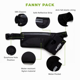 EDIFIT, Running Belt, Phone Holder, Water Bottle for Running, Men and Women, Running Waist Belt, Waterproof, with Zipper, Adjustable and Reflective Strap (Black)