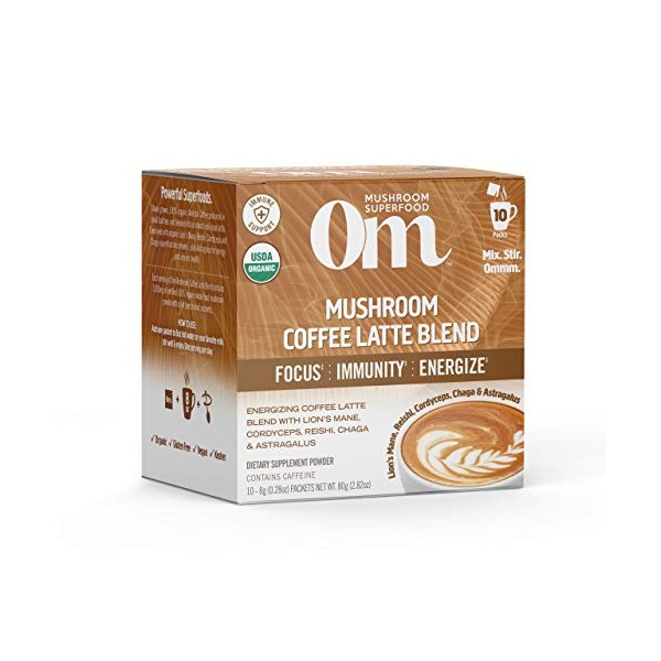 Om Mushroom Superfood Coffee Latte Blend Mushroom Powder, Single Serve, 10 Count, Lion's Mane, Cordyceps, Reishi, Chaga, Energy & Mental Clarity Support Supplement