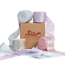 Pretty Jolly Pink Blue Purple Chiffon Ribbon for Gift Wrapping, Flower Bouquet, Hair, Wedding Invitation, DIY Crafts - Shimmery Gold Fringe - 1 Inch x 5 Yard - 4 Rolls