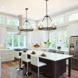 Black and Gold Chandelier, 6-Light Wagon Wheel Chandelier, 20.7" Farmhouse Dining Room Light Fixture, Kitchen Island Light Fixtures, Round Rustic Chandelier for Bedroom, Foyer, Staircase, Entryway