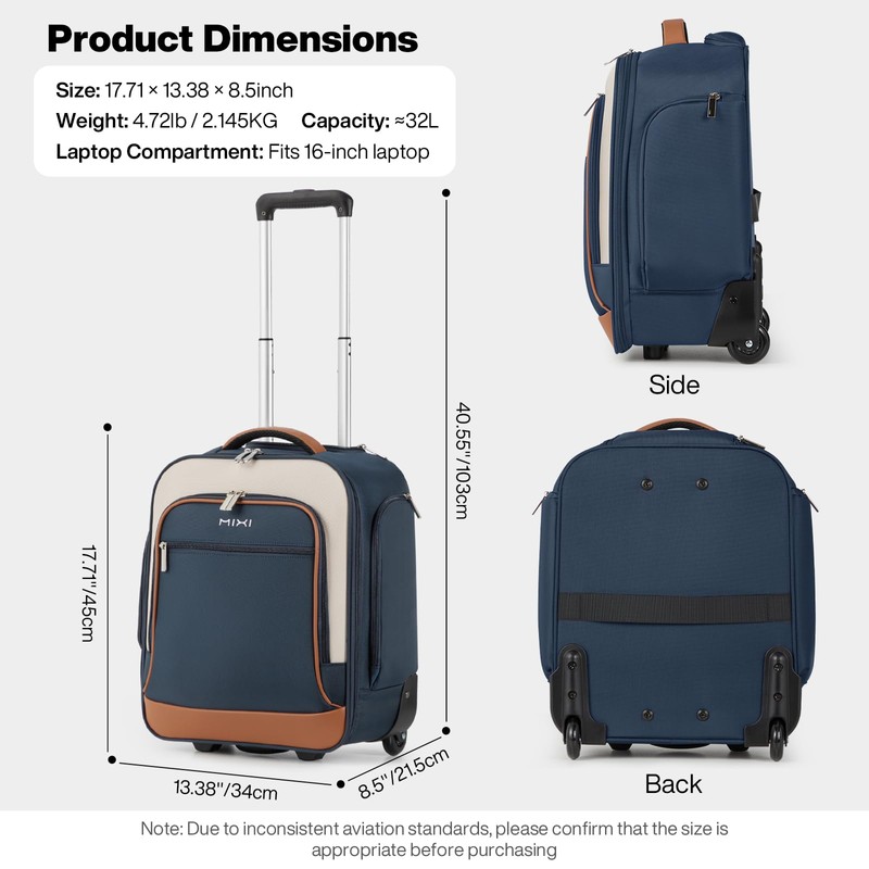 mixi 16 Inch Underseat Carry-On Luggage, Softside Suitcase with Wheels,