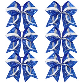 6PCS Full Glitter Rhinestone Cheer Bows Criss Cross Stiff Competition Large Cheerleading Hair Bows Elastic Band for Cheerleaders Girls -Royal Blue/Silver/White