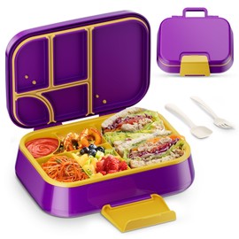 Bento Lunch Box Kids Adults, 5-Compartment 1145ML Bento-Style Kids Lunch Box, Leak-Proof Lunch Container, Double Layer Bento Box with Handle, BPA-Free, Dishwasher Safe, Food-Safe Materials (Purple)