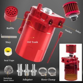 PWR FEVER Upgraded Baffled Oil Catch Can Kit with Breather Filter Aluminum Reservoir Tank with 3/8" Strengthened NBR Fuel Line Red 400ml
