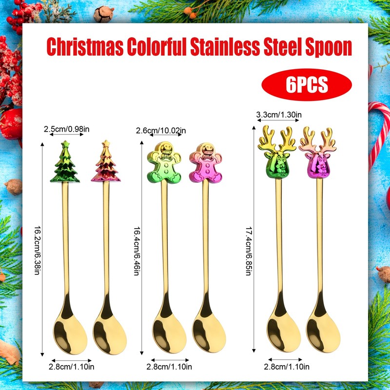 6 Pcs Christmas Coffee Spoon Stainless SteelGradient Dazzling Color Christmas