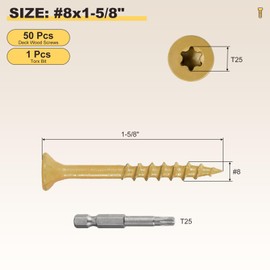 METALLIXITY Deck Screws (#8x1-5/8) 50Pcs, Carbon Steel Wood Screw Decking Screws Epoxy Coated with T25 Torx Drive Head - for Wood Fence, Table, Tan