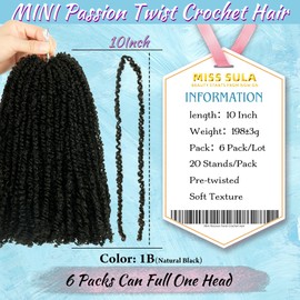 Mini Passion Twist Crochet Hair for Black Women-10 Inches 6 Packs Natural Black Pre Twisted Elastic and Cuttable Hair Extensions,Braided by Soft Synthetic Twist Bohemian Curl(10"-6P,1B)