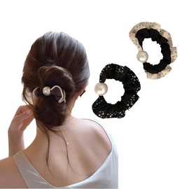 YNOBUN Hair Elastic Scrunchie, High Elasticity and Easy to Use, Large Pearl Hair Band, Retro Temperament, Wrinkle Cloth Craft, Pearl Hair Elastic, Scrunchies, Fashionable, Elastic Band That Does Not