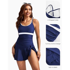 Kate Kasin One Piece Swim Dress for Women U Neck Cross Back Swimsuits Ruched Skirted Swimsuits, navy, XL