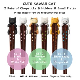 Cute Kawaii Cat Chopsticks and Plates Set - 2 Pairs of Japanese Reusable Non-Slip Chopsticks and rest, Includes 4 Inch Small Plates, Dishwasher Safe, Cat Lover Gift (Tabby & Ginger Cats)