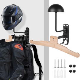 Motorcycle Helmet Rack Wall Mount 180 Degree Rotation Metal Bike Helmet Holder Mount Bicycle Helmet Display Hanger Stand with Wood Hanger & 2 Hooks for Motorcycle Bike Baseball Rugby Helmet - 1 Pack