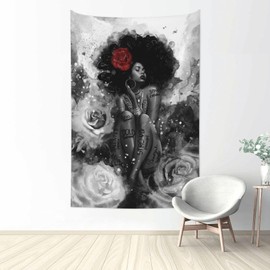 CEUFOUE African American Tapestry Black Girl Fashion Print Wall Art Vintage Abstract Black Art Picture Wall Hanging Women Rose Tapestry for Bedroom Living Room Dorm 60x40 Inches