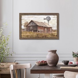 Rustic Farmhouse Wooden Wall Art: Country Old Barn Framed Picture Vintage Farm Windmill Painting Print Countryside Landscape Artwork Decor for Bedroom Living Room
