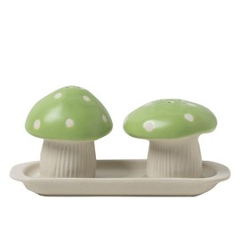 YYBD Mushroom Salt and Pepper Shakers Set 2Pcs Mushroom Containers with Tray Ceramic Mushroom Shape Salt Pepper Shaker Kitchen Gadget for Kitchen Restaurant Bar Accessories, Dishwasher Safe (Green)