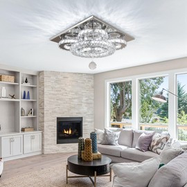 Moderen Crystal Chandelier Five Rings LED Crystal Ceiling Light Flush Mount Stainless Steel Pendant Ceiling Lamp for Living Room Bedroom Restaurant Porch Dining Room (Cool White)