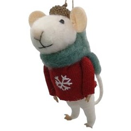 OnHoliday Wool Felt White Mouse in Acorn Hat and Red Snowflake Sweater Hanging Christmas Tree Ornament