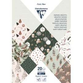 Clairefontaine 95548C - Block of 20 Cosy Christmas Pattern Sheets A4 Size (21x29.7cm) 160gsm + 2 Sheets of Cut-Out Labels + Creative Idea - Paper Scrapbooking Paper Arts & Crafts