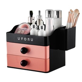 UFORU Makeup Organizer for Vanity with Brush Holder, Bathroom Counter Organizer with 2 Drawers, Cosmetic Display Case for Beauty Essential, Skincare, Lipstick, Black&Pink