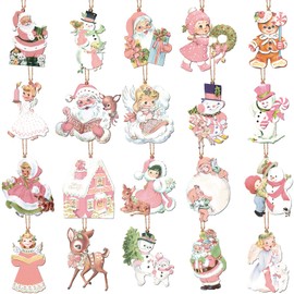 MorningRo 20 Pcs Vintage Christmas Hanging Ornaments Metal Tree Ornaments Santa Snowman Reindeer Snowman Rustic Farmhouse Christmas Tree Decorations for Xmas Winter Holiday Celebrations (Cute,Pink)