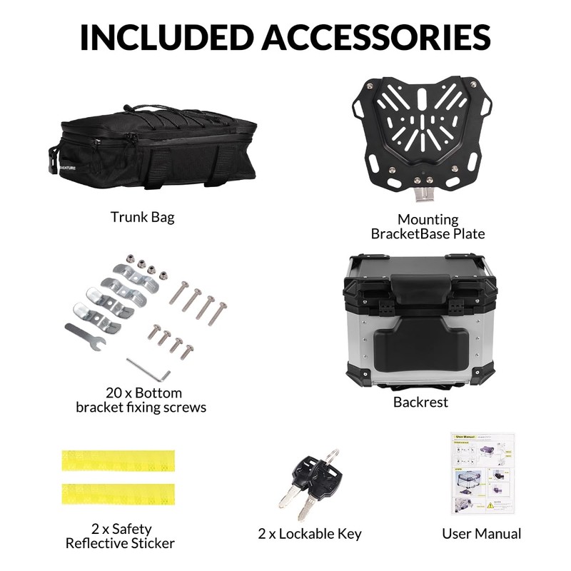 TINGPAI Motorcycle Top Case Set，Including Tail Box、Base Bracket、Backrest、Bag，Waterproof Aluminum Handle