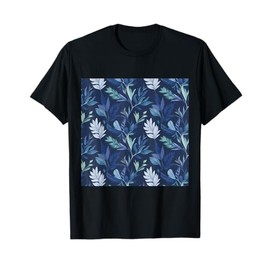 Navy Blue Botanical Flower Pattern T-Shirt