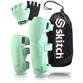 SKITCH Skateboard Protective Safety Gear Set for Kids Teen | Premium Lycra Sport Knee Pads + Elbow Pads + Padded Gloves + Carry Bag | Scooter Roller Skate Inline Skating Rollerblading | Mint Green (M)