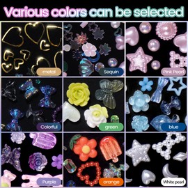 Mix 3D Assorted Color Nail Charms Multi Pink Color Blue Purple White Glitter Heart Flower Butterfly Bow Cute Nail Charms Hollow White Pearls Nail Charms for Acrylic Nail Art DIY Crafts Accessories