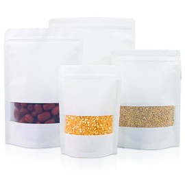 Cloudslucky 80PCS 5.5"X8" Kraft Paper Bags with Window,Resealable White Small Stand Up Pouches for Food Storage,Reusable Zipper Lock Packaging Bags for Small Business&Personal,Cookie,Snacks,Tea,Coffee