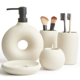 Terramoza Ceramic Bathroom Accessory Set, 5 Pcs - Includes Soap Dispenser, Toothbrush Cup, Toothbrush Holder, Soap Dish & Candle Holder - Beige, Matte Glaze - Aesthetic Bathroom Decor