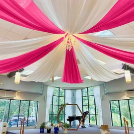 MODFUNS Hot Pink Ceiling Drapes for Weddings 5x30ft 2 Panels Sheer Chiffon Ceiling Draping Fabric Fuchsia Sheer Draping Tulle Swag Curtain for Wedding Party Stage Prom Banquet Decoration