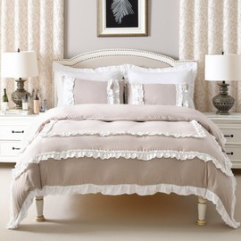 Bedorm Taupe Comforter King Chic Ruffle Bedding Comforter Set White Ruffle Lace Farmhouse Bedroom Decor Shabby Chic Quilt Comforter