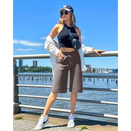 G4Free Wide Leg Yoga Capri Pants for Women High Cross Waist Cropped Pants with Pockets Loose Stretch Capris for Casual Work Workout(Taupe,M,14")