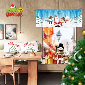 SUNWISHA Christmas Curtain Valances Decoration, Suitable for Living Rooms, Bedrooms, Short Curtains 52x18 Inches Snowman Santa Claus Kitchen Winter Scene Blue