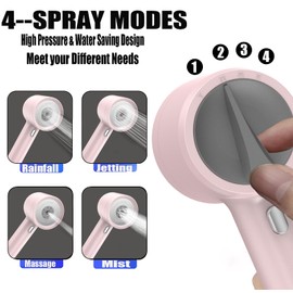 High Pressure Shower Head with Handheld, with Pause Switch 4 Spray Modes Water Saving Showerhead,Showerhead Set with Hose, Bracket and Cotton Filter, (pink)