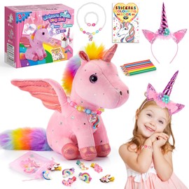Unicorn Plush Toy Set for Girls, Pink Stuffed Animal with Rainbow Accessories, Coloring Book and Headband, Ages 3+