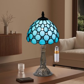 Nizrsky Tiffany Table Lamp,3 Color-Temperature Mediterranean Series Stained Glass Lamp,8 Inch Tiffany Style Lamp for Bedroom Living Room Home, Handcrafted Light, Included Bulb (Blue)