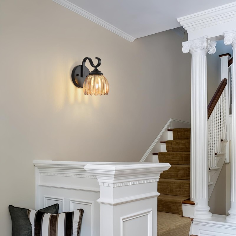 lobolighting Vintage Wall Sconce with Amber Tulip Glass Lampshade Black